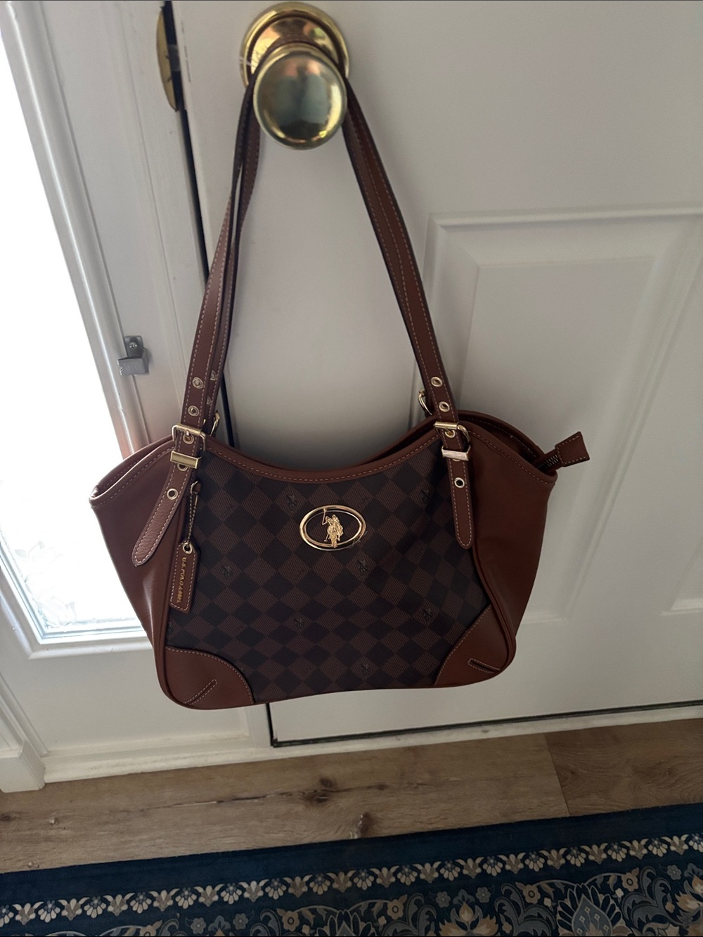 U.S. Polo Assn. Brown Check-Pattern Shoulder Bag with Gold Logo